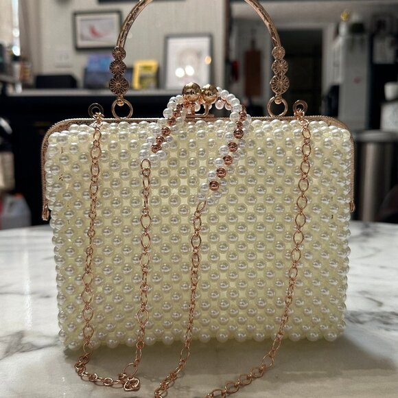 Pearl Beaded Clutch Bag with Rose Gold Chain | Elegant Wedding Purse Evening Han - Picture 8 of 8
